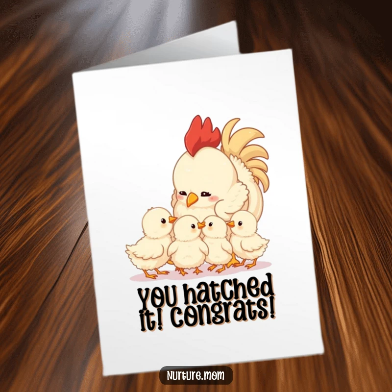 Sweet Free Printable congratulations card with a loving mother hen looking at her fluffy chicks, a heartwarming downloadable image.