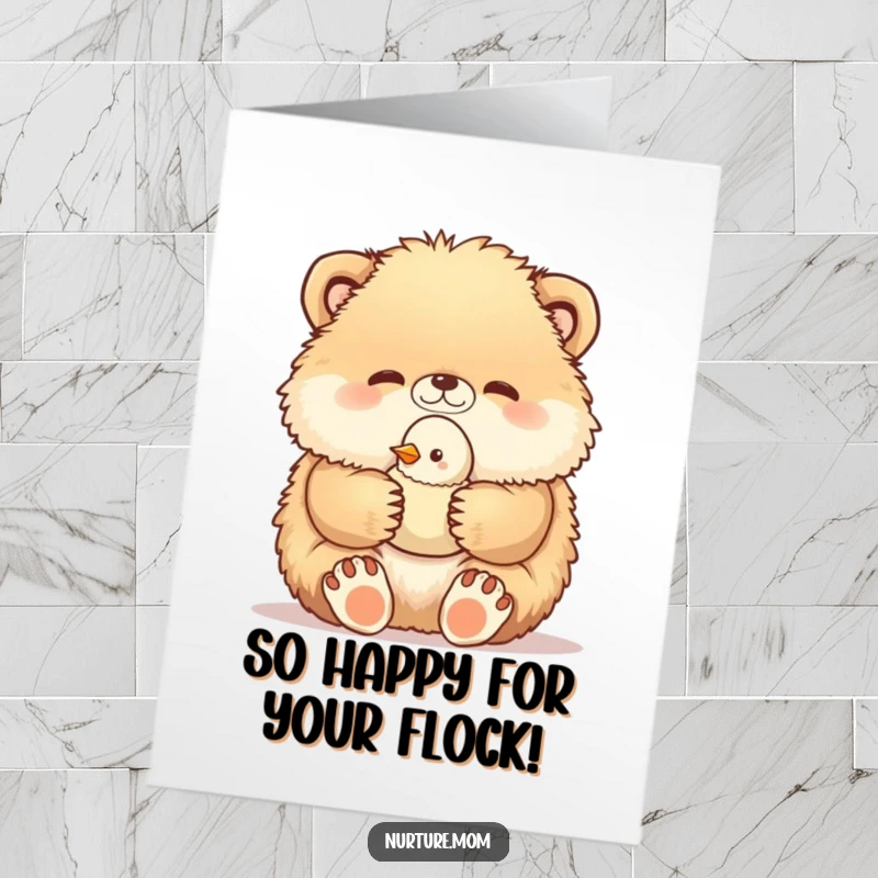 Funny Free Printable Congrats Card: Fluffy animal tenderly holds a small baby bird, symbolizing new beginnings. A heartwarming downloadable card.