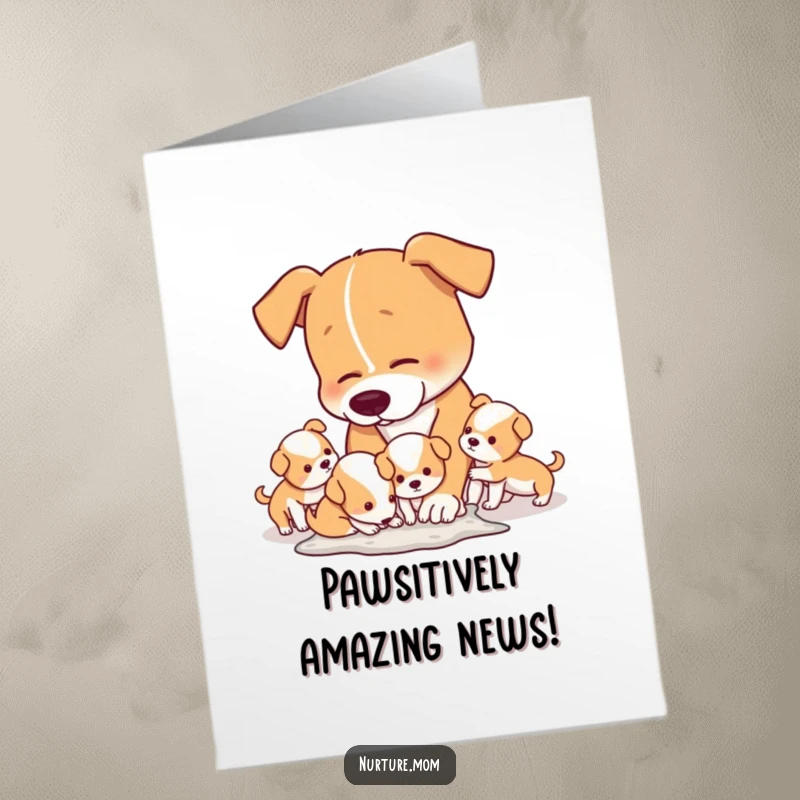 Funny Free Printable Congratulations Card: Exhausted dog mom watches playful puppies, ideal for celebrating achievements.