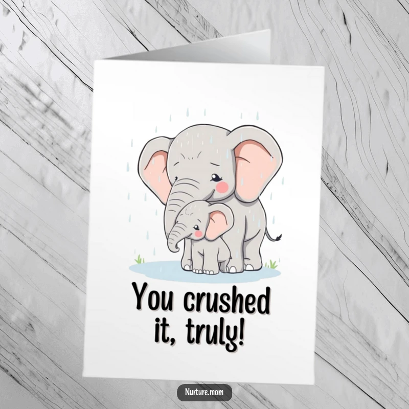 Touching Free Printable Congratulations Card: Elephant mother shields her calf from rain, celebrating new beginnings or achievements.