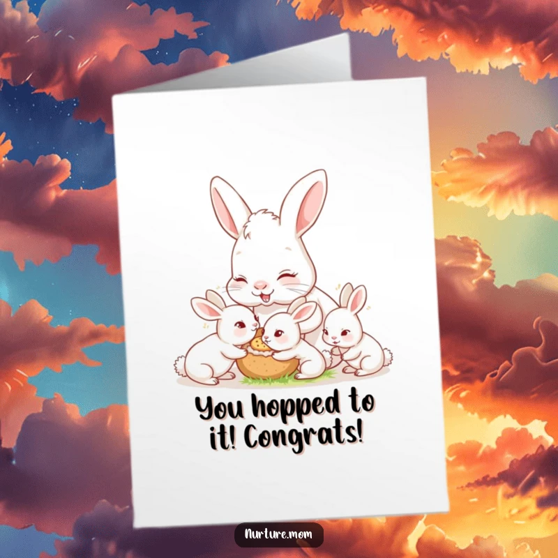 Funny Free Printable Congrats Card: Mother rabbit lovingly nourishes her group of hungry little bunnies.
