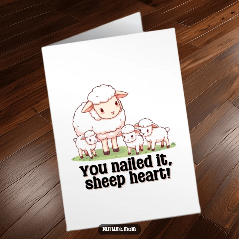 Funny Free Printable Congrats Card: Mother sheep keeps a close eye on her happily grazing little lambs.