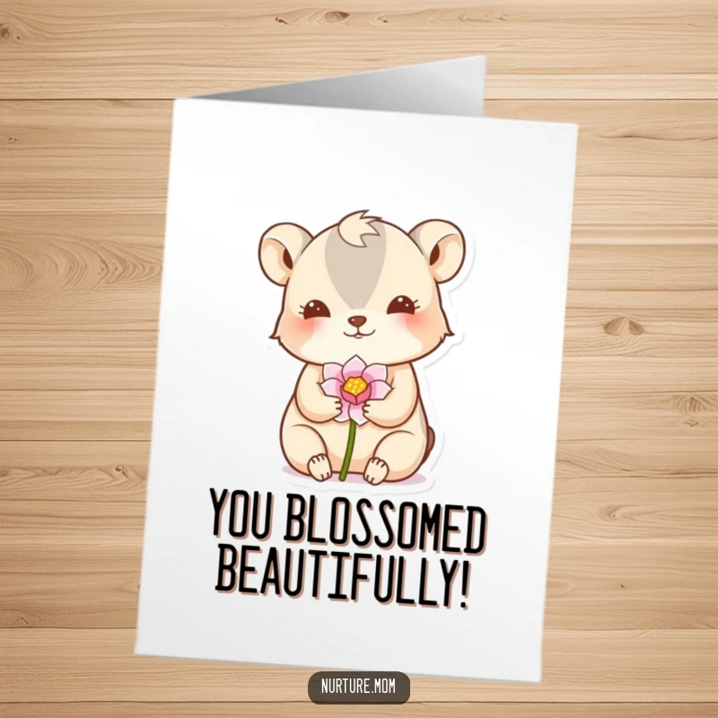 Funny Free Printable Congrats Card: Nurturing animal tenderly cradling a delicate flower bud, celebrating achievements.