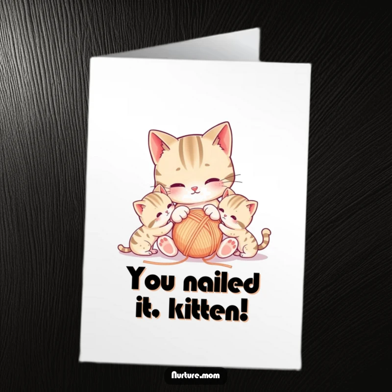 Funny Free Printable Congratulations Card: Kawaii mother cat plays with yarn and kittens, a cute downloadable.