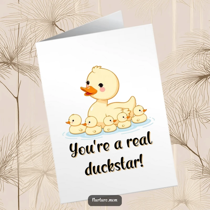 Funny Free Printable Congratulations Card: Kawaii mama duck swimming with ducklings in a row, a cute downloadable.