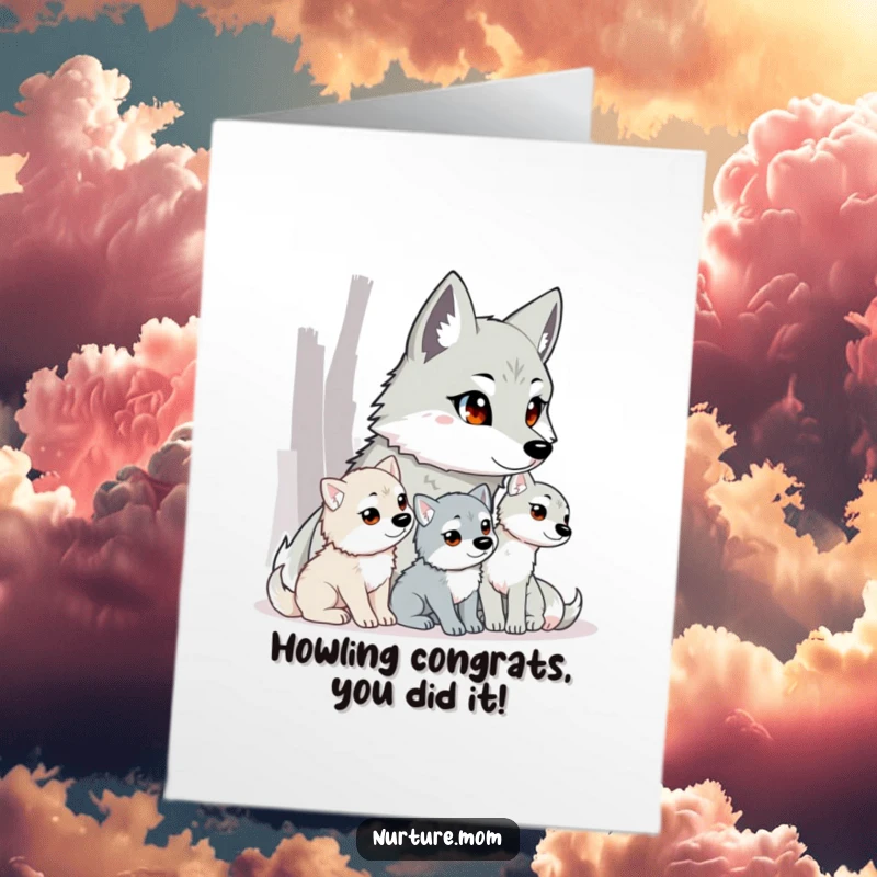 Funny Free Printable Congrats Card: Wolf mom watching pups, celebrating success, protective stance, wild animal theme, downloadable card