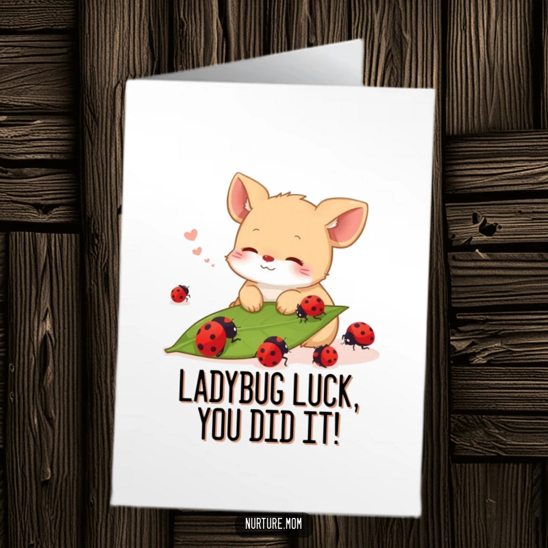 Funny Free Printable Congrats Card: Content animal sighing peacefully while ladybugs crawl on a leaf, celebrating success.