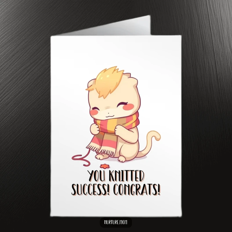 Funny Free Printable Congratulations Card: a creature concentrating on knitting a vibrant, small scarf.