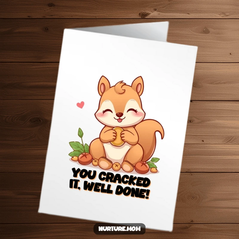 Free Printable Congratulations Card: A kawaii squirrel mom happily gathers nuts, celebrating success with love.