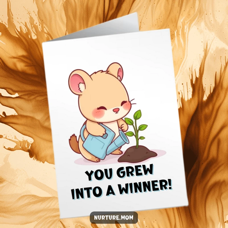Funny Free Printable Congratulations Card: Animal waters a sprouting seedling, symbolizing success and new beginnings.