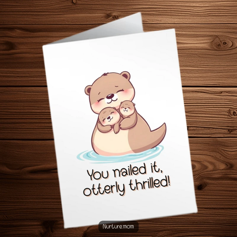 Funny Free Printable Congrats Card: Otter mom holding pup, celebrating achievement, floating on back, aquatic theme, downloadable card