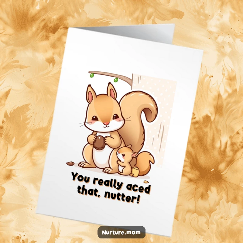 Funny Free Printable Congratulations Card: Kawaii mother squirrel shows young where to store nuts, a clever downloadable.