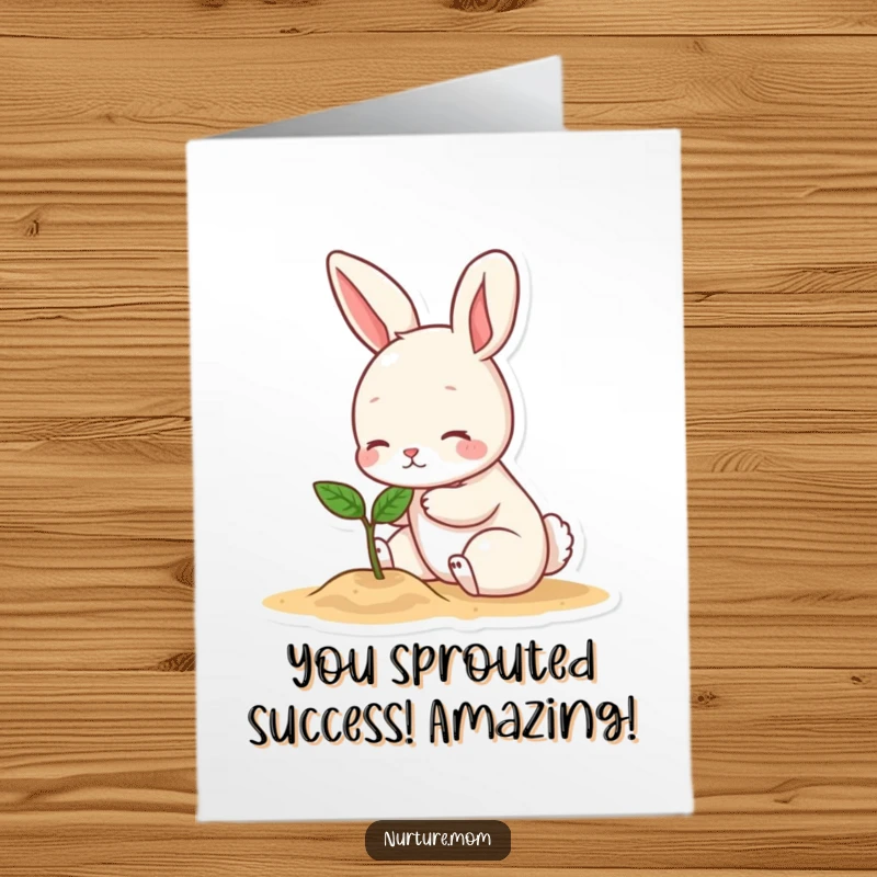 Funny Free Printable Congrats Card: Adorable bunny tenderly pats a tiny growing sprout, celebrating success, ideal for a DIY gift.