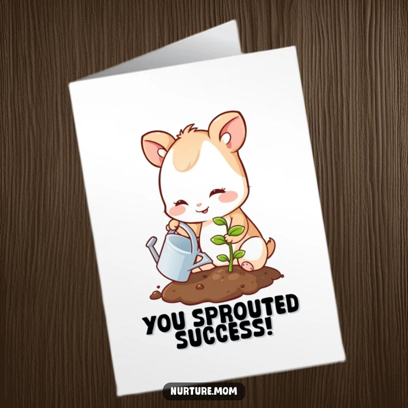 Funny Free Printable Congrats Card: Cute animal with a gentle smile watering a sprouting seedling, celebrating success.
