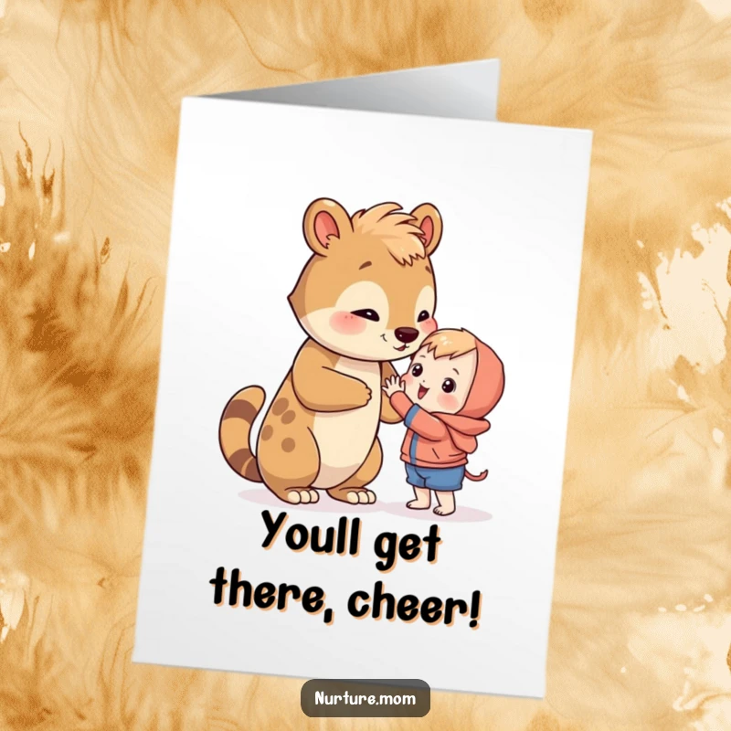 Supportive Free Printable Congrats Card: An animal showing a little one how to stretch and reach for a high goal.