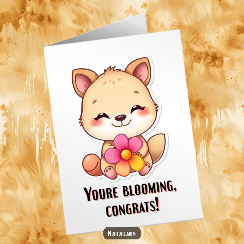Funny Free Printable Congratulations Card showing a sweet animal offering a bright flower with a loving expression.