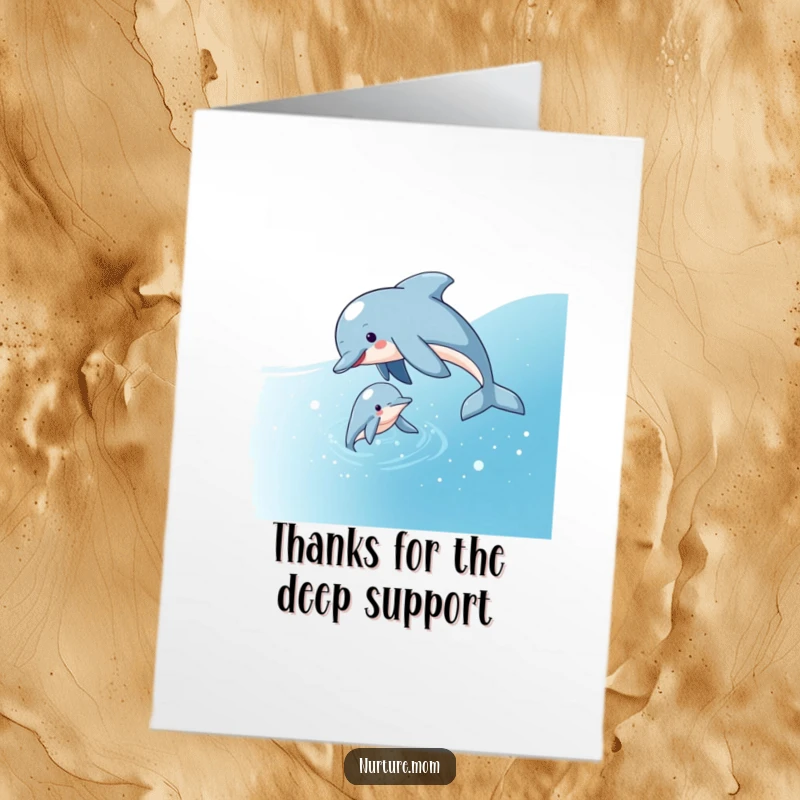 Free Printable Thank You Card: A dolphin mom and calf swimming through sparkling water, conveying a deep sense of gratitude.
