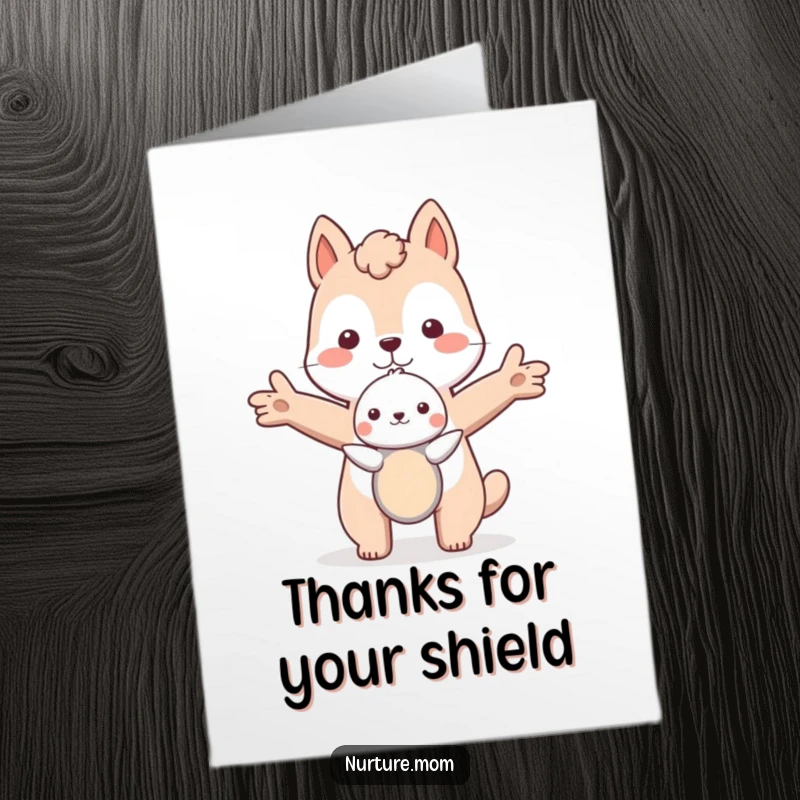 Secure Free Printable Thank You Card: A caring animal sheltering a little one with outstretched arms, offering protection.