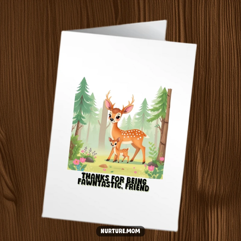 Funny Free Printable Thank You Card: Deer mom with fawn, expressing thanks, serene forest setting, nature's beauty, downloadable card