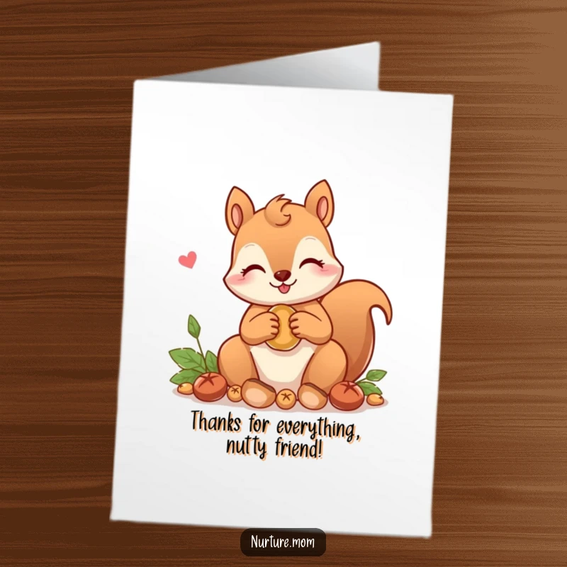 Free Printable Thank You Card: A kawaii squirrel mom lovingly collects nuts, expressing thanks nutty style.