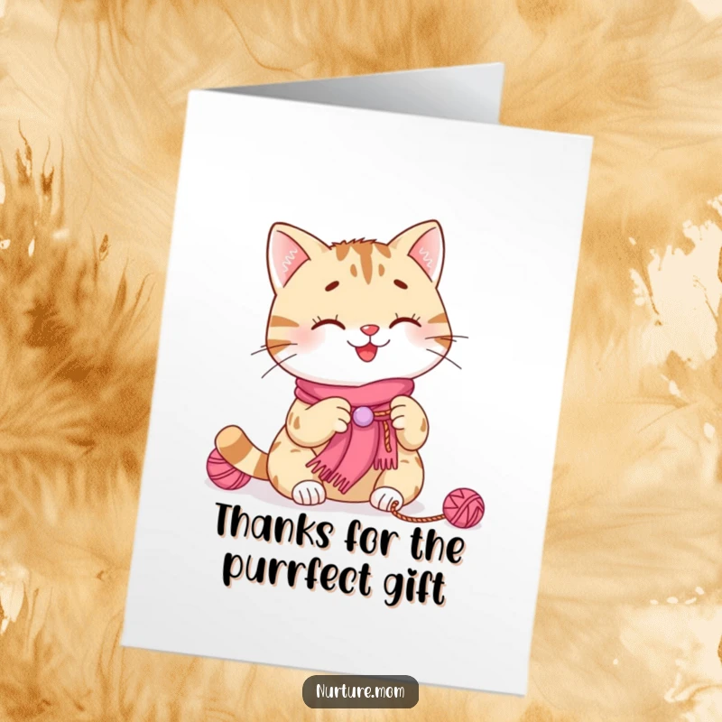 Funny free printable thank you card of a smiling cat knitting a tiny scarf as a gift.