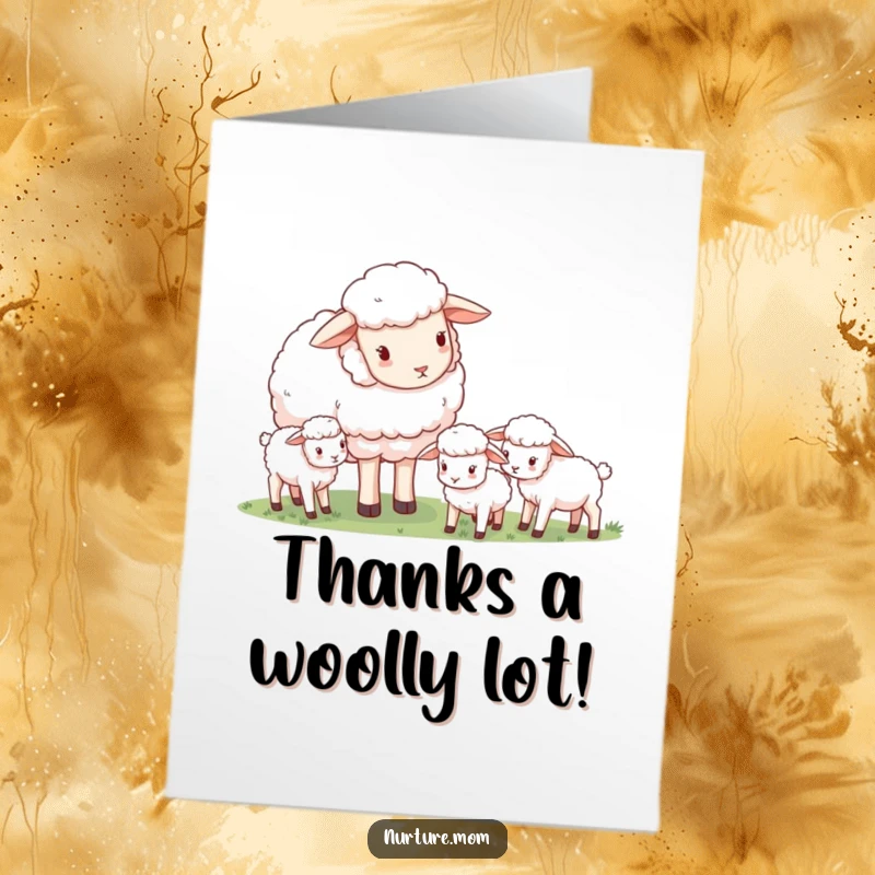 Funny Free Printable Thank You Card: Mother sheep lovingly observes her flock of grazing lambs.