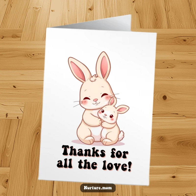 Funny Free Printable Thank You Card: A nurturing rabbit holds a baby bunny, symbolizing care.