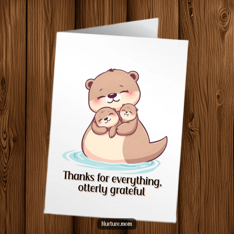 Funny Free Printable Thank You Card: Otter mom hugging pup, expressing thanks, floating happily, water backdrop, downloadable card