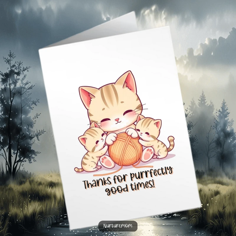 Funny Free Printable Thank You Card: Kawaii mother cat with yarn and kittens, a cute and humorous downloadable.