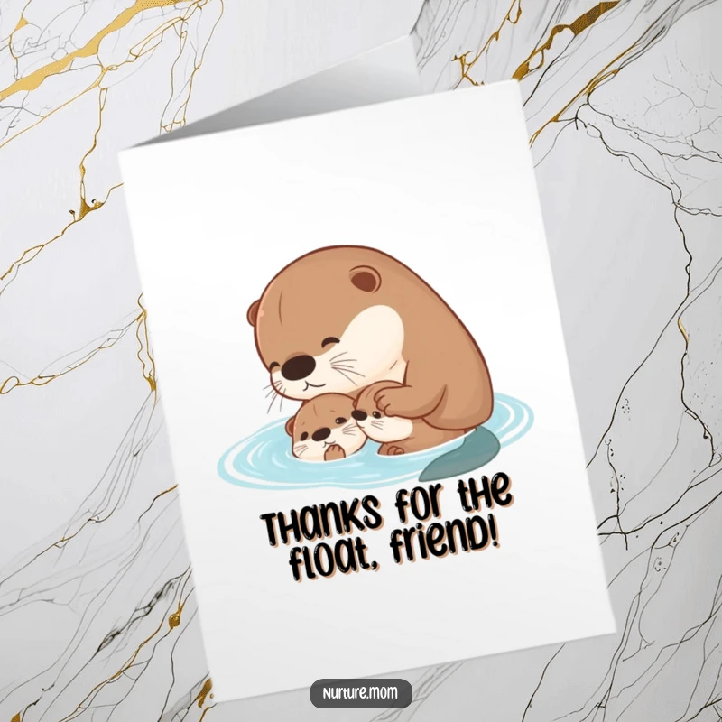 Funny Free Printable Thank You Card: A kawaii mother otter lovingly guides her pup as it learns to swim, perfect for a touching, humorous thank you.
