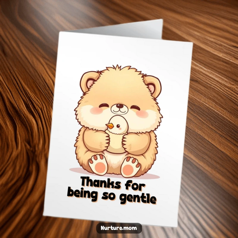 Funny Free Printable Thank You Card: Fluffy animal carefully holds a helpless baby bird, conveying deep gratitude. A touching downloadable card.