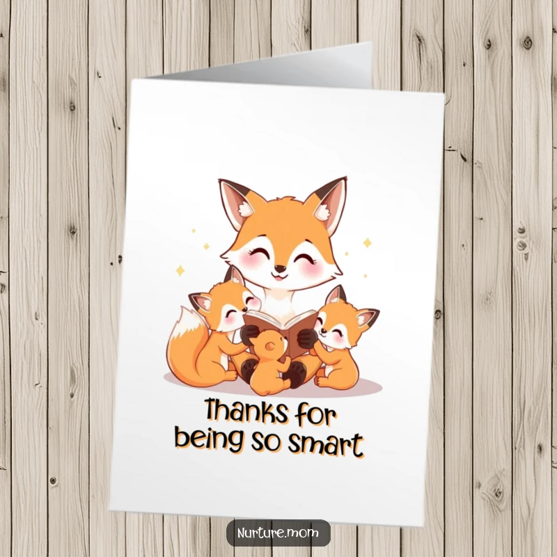 Free Printable Thank You Card: A fox mom reading a story to her cubs, offering a warm and grateful narrative.