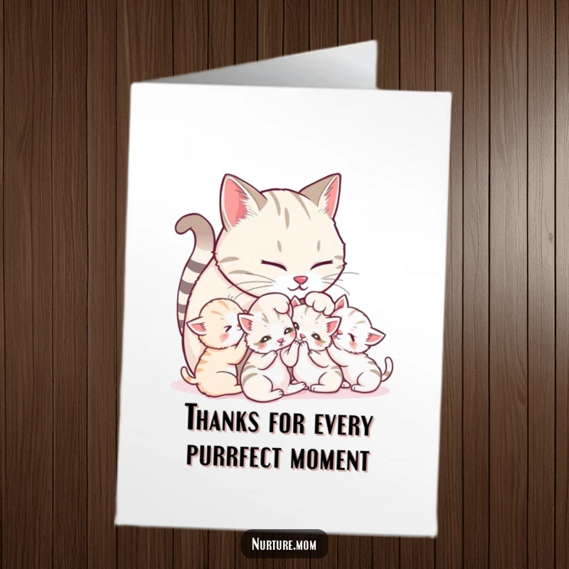 Funny Free Printable Thank You Card: Mother cat grooming her kittens, symbolizing gentle care.