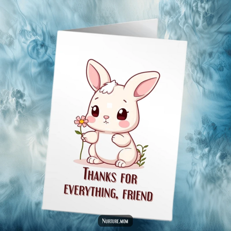 Funny free printable thank you card showcasing a cute bunny offering a tiny flower to a grateful friend.