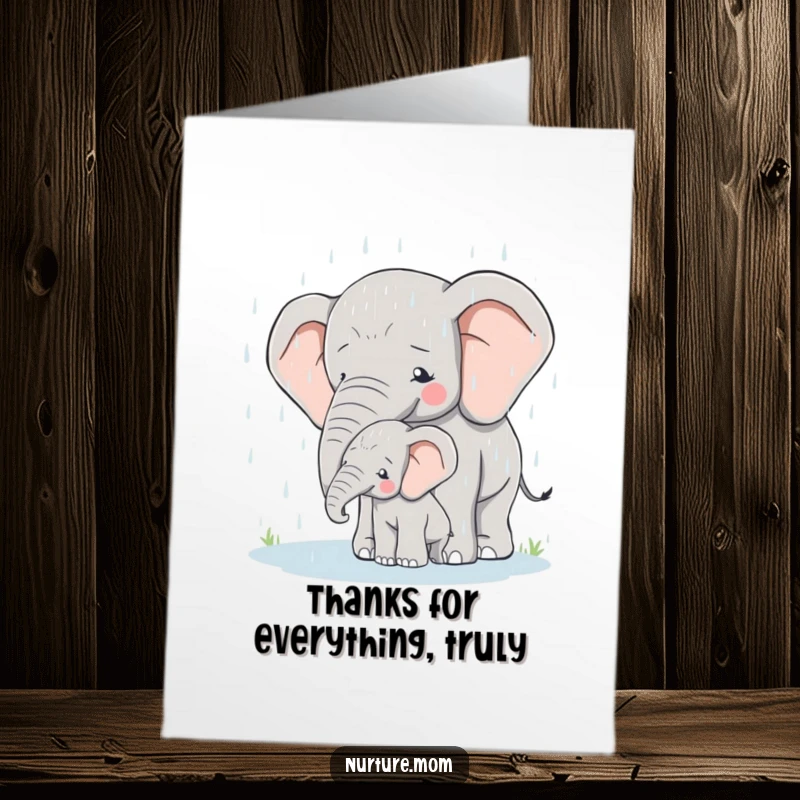 Touching Free Printable Thank You Card: Elephant mother shelters her calf from rain, expressing deep thanks.
