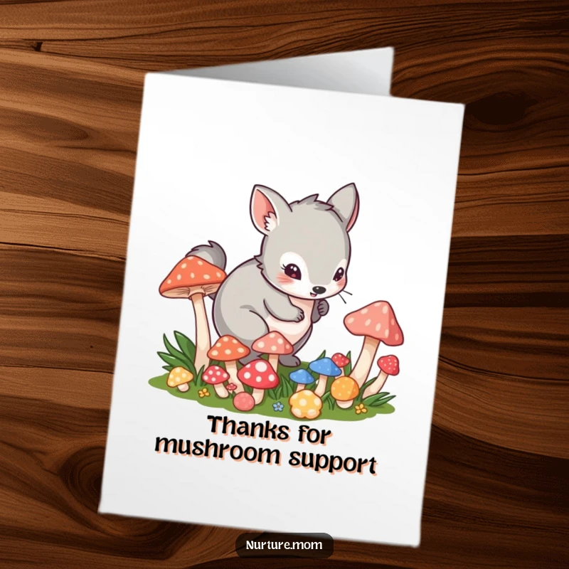 Funny Free Printable Thank You Card: Playful animal tending to vibrant mushrooms, conveying whimsical gratitude.