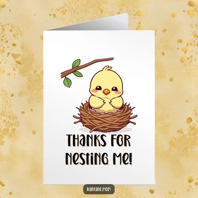 Funny Free Printable Thank You Card: A kawaii mother bird meticulously builds a cozy nest, perfect for a thoughtful, humorous thank you.