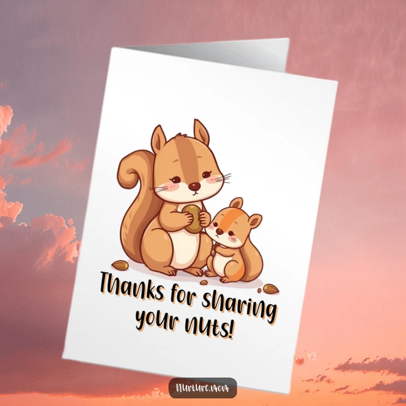 Funny Free Printable Thank You Card: A contented squirrel shares nuts generously with a smaller friend.