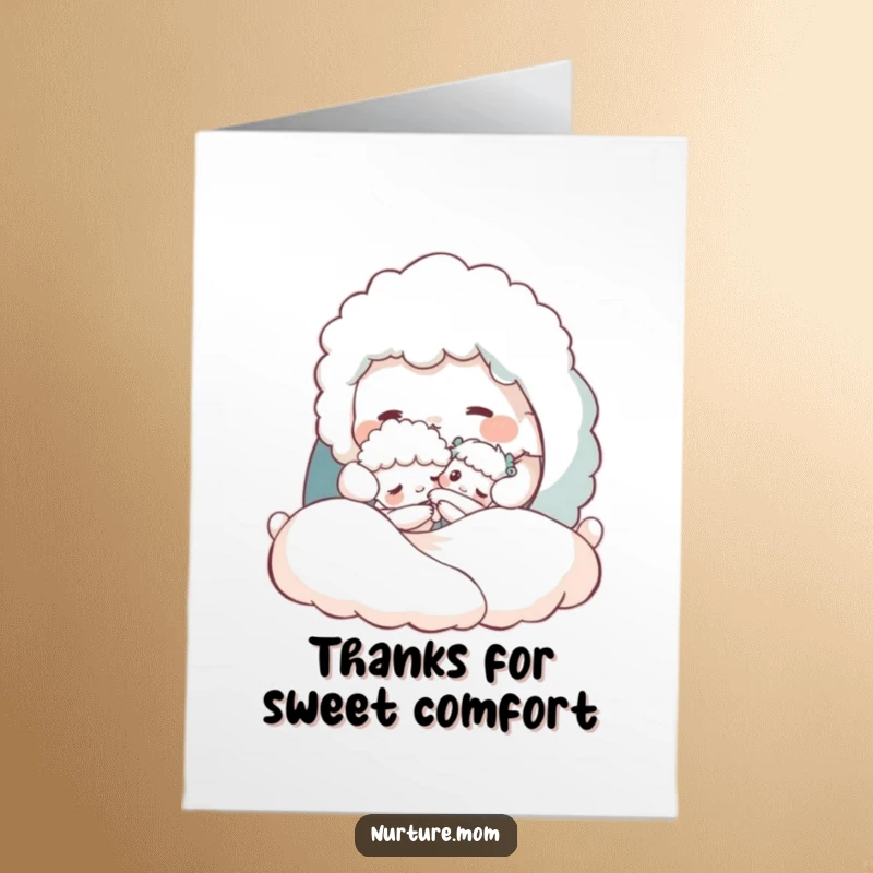 Funny Free Printable Thank you Card: a fluffy creature tucking a tiny being into a snug, cozy bed.