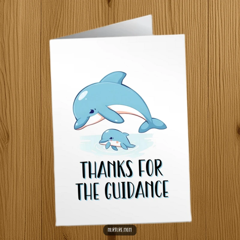 Gentle Free Printable Thank You Card: Mother dolphin guides her young calf, a symbol of patient thanks.