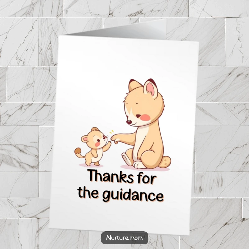 Funny Free Printable Thank You Card: Animal gently leads a lost young one with a comforting paw, showing deep thanks. A touching downloadable.