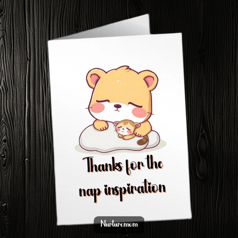 Funny Free Printable Thank You Card depicting a watchful animal observing a small, peacefully sleeping creature, conveying thanks with a smile.