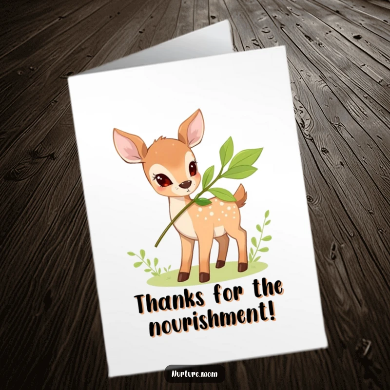 Funny Free Printable Thank You Card: A small deer offers a leafy branch, a symbol of care.