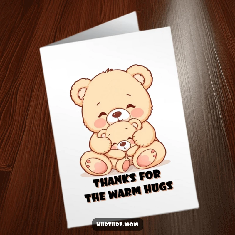 Free Printable Thank You Card: A teddy bear mom gently tucking in her baby bear, conveying warmth and gratitude.