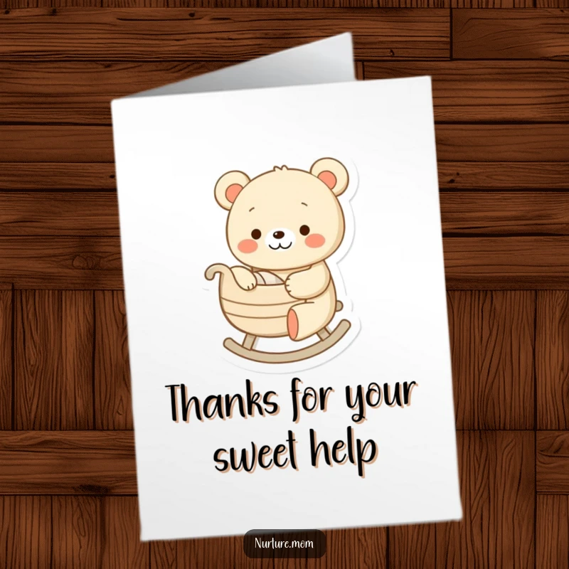 Funny Free Printable Thank You Card: A cheerful bear gently rocks a tiny cradle, symbolizing comfort and thanks, a perfect DIY gift.