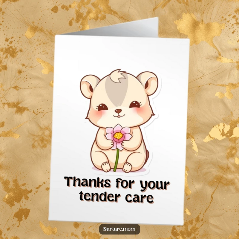Funny Free Printable Thank You Card: Caring animal cradling a delicate flower bud, expressing heartfelt thanks.