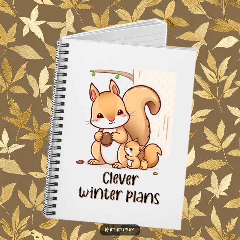 Funny kawaii mother squirrel showing nut storage on a notebook cover, great for planning.