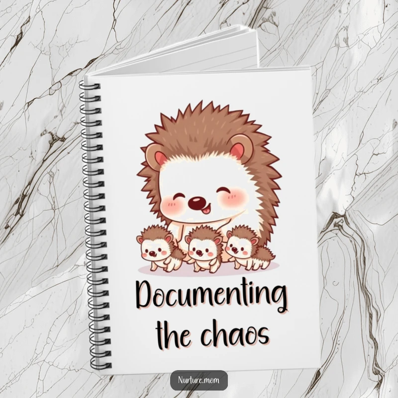 Funny hedgehog notebook featuring a mother guiding her tiny siblings, a cute and humorous journal for capturing thoughts and ideas.