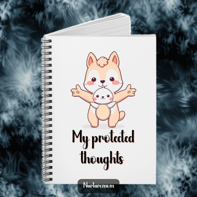 Funny animal protecting a small creature with outstretched arms, captured in a cute and humorous notebook.
