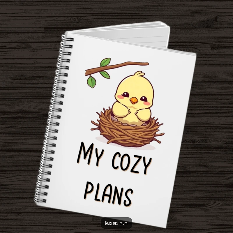 Funny kawaii mother bird building a cozy nest on a notebook cover for notes.